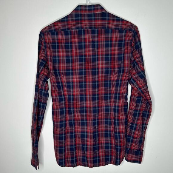 John Varvatos Small Red-Navy Plaid Long Sleeve Shirt - Picture 3 of 7